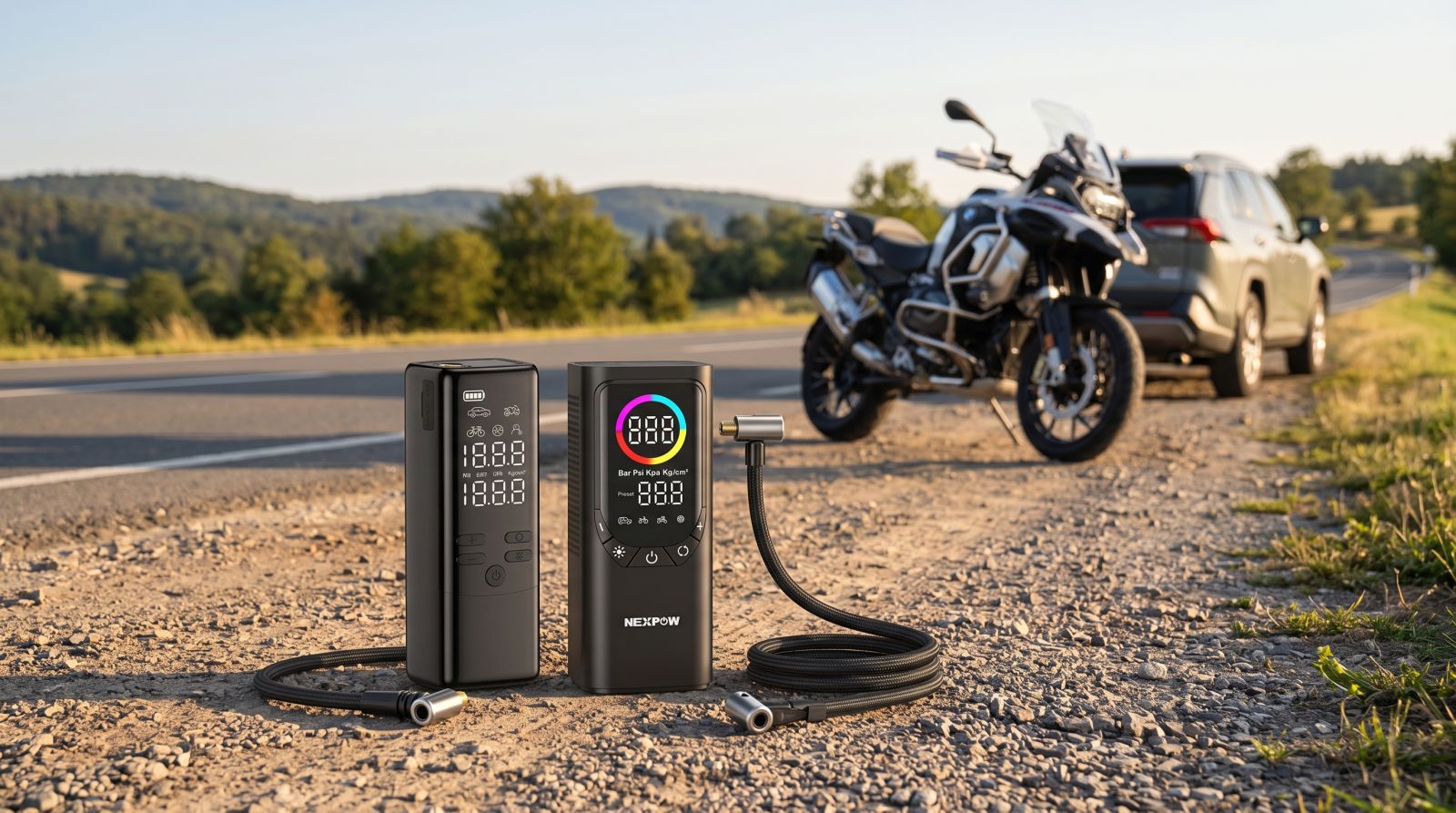 Portable tyre inflators positioned roadside beside a motorcycle and SUV for emergency tyre inflation