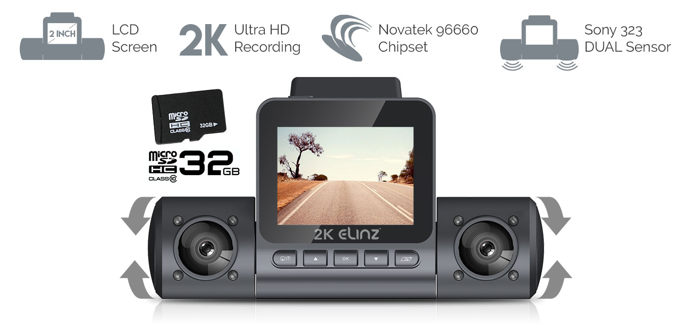 2K Dual Dash Cam 2" LCD Screen
