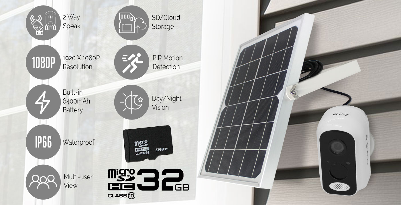 Wireless IP Camera 1080P Battery Solar Panel