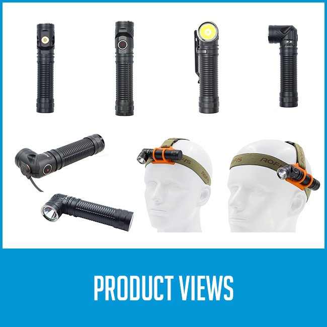 front, side, headlight mounted views on flashlight