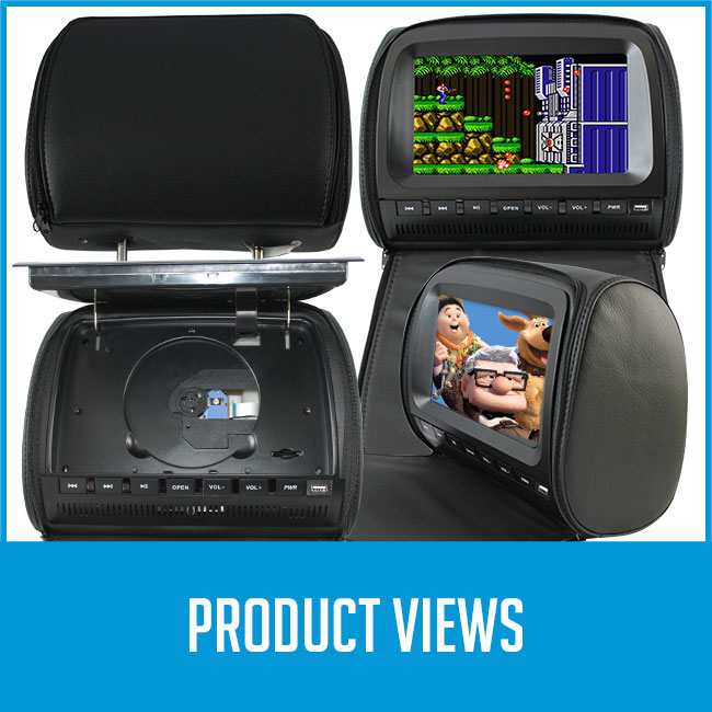 front, back and side view on headrest car dvd player