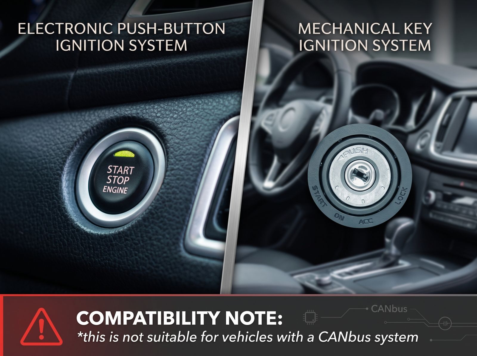 Comparison of electronic push-button and mechanical key ignition systems with a warning that the system is not suitable for CANbus vehicles.