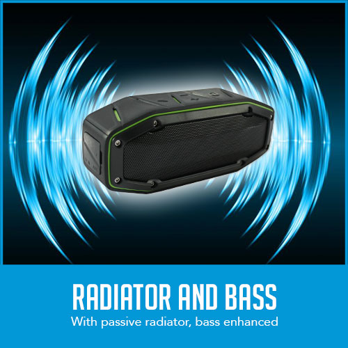 bluetooth speaker with sound waves graphics with caption "radiator and bass"