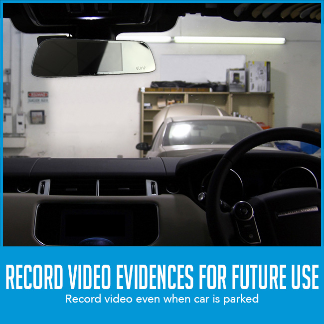 car parked in garage with caption "capture video evidences for future use"