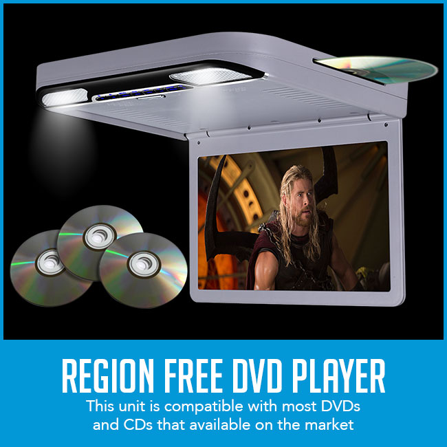 roof mount flip down car dvd player with caption "region free dvd player"