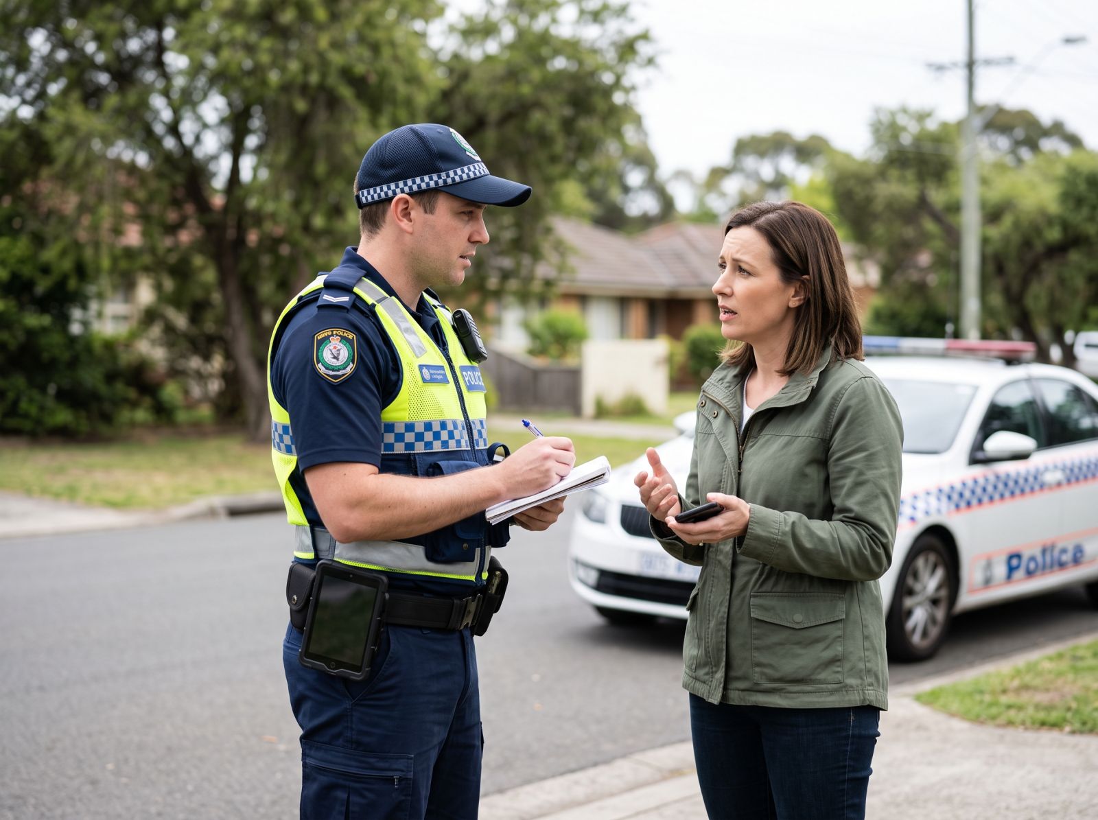 Police officer taking details from a vehicle owner reporting a stolen car in a suburban Australian neighbourhood.