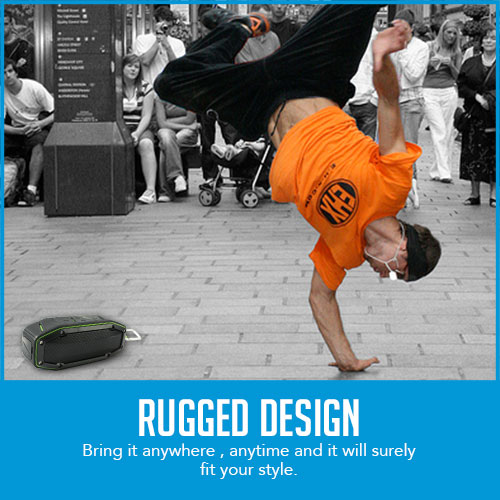 breakdancer using bluetoooth speaker on street performance with caption "rugged design"