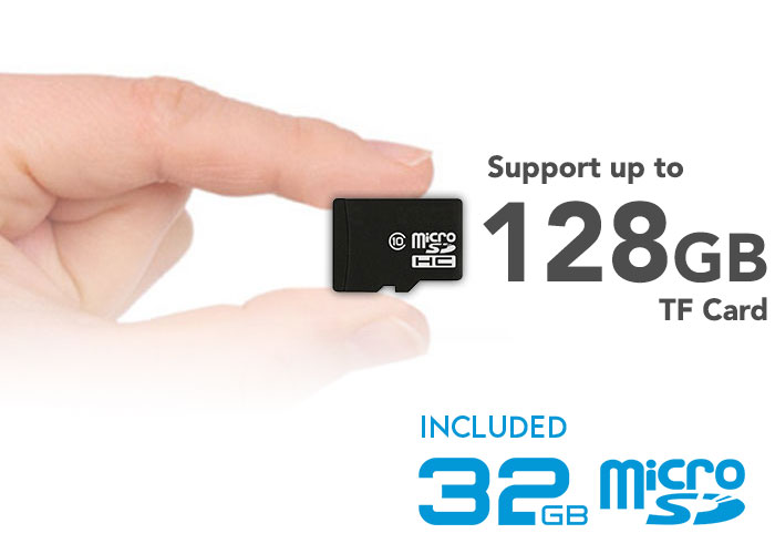 Camera Support upto 128GB Micro SD Card with 32GB SD Card included