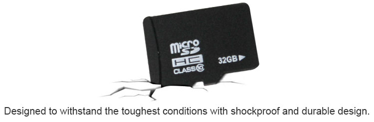 32GB SD card lodged in crack, with caption "shockproof, durable"
