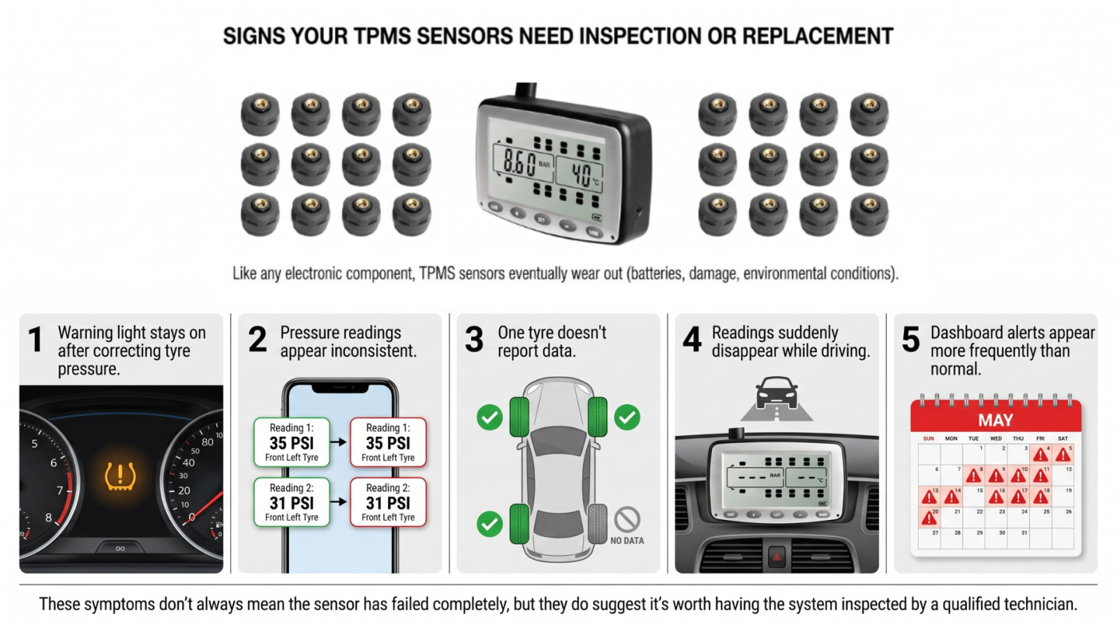 Infographic showing common signs TPMS sensors need inspection, including warning lights, inconsistent readings and missing tyre data.
