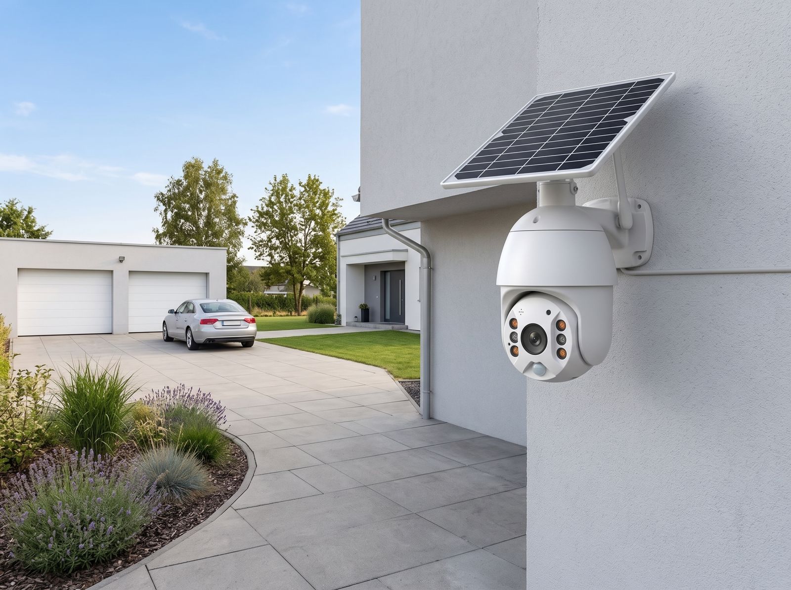 Solar-powered outdoor security camera mounted on a house wall overlooking a residential driveway