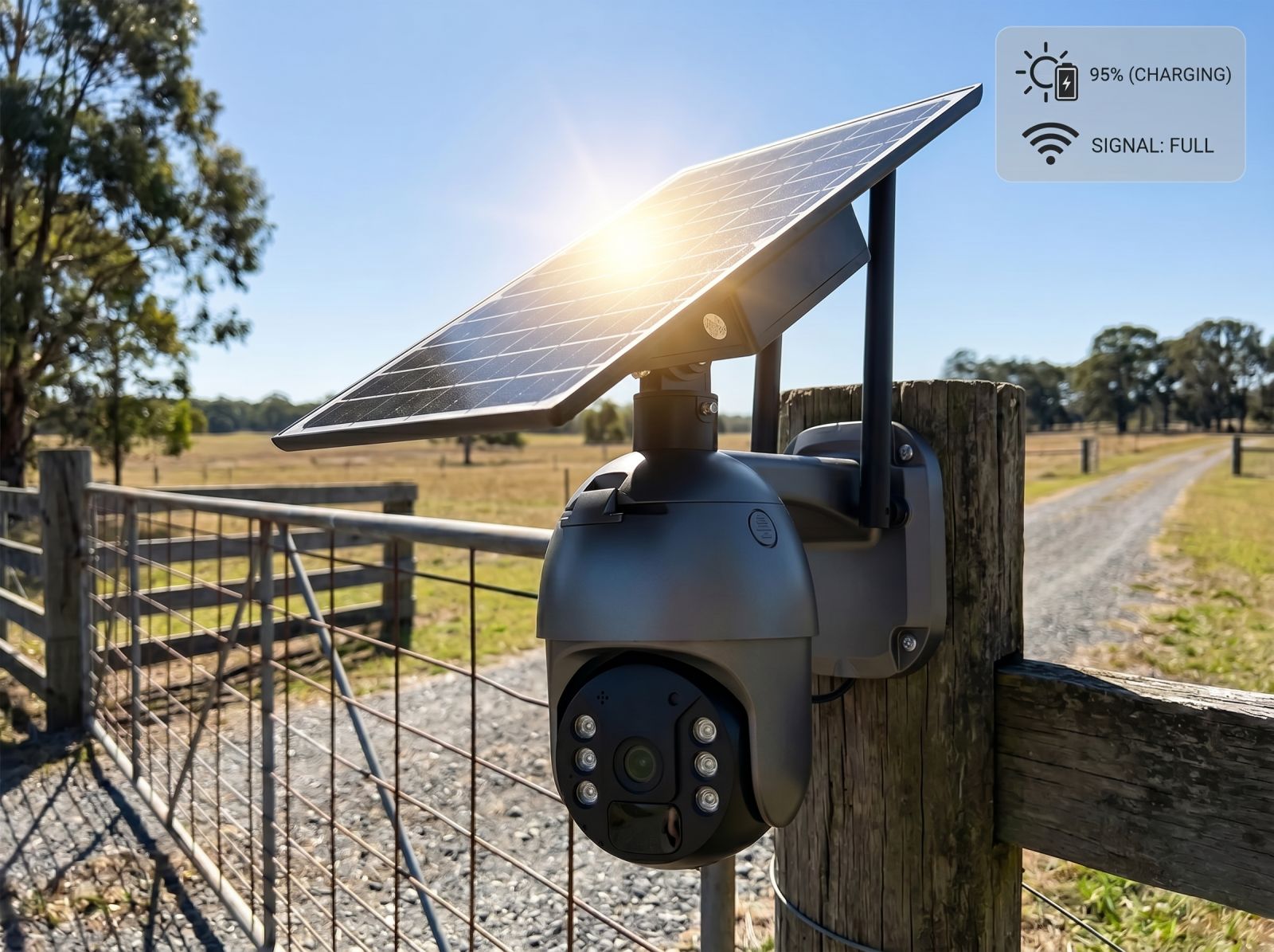 Solar security camera mounted on a rural gate with charging status and full signal display for remote outdoor monitoring