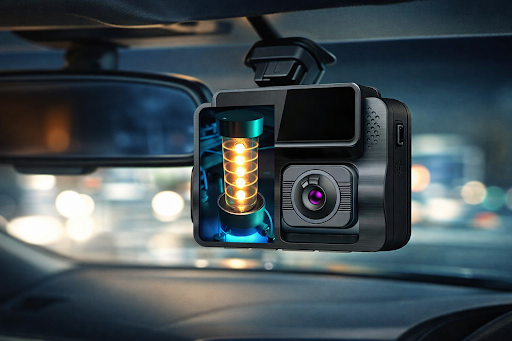 a supercapacitor dash cam installed in a car showing the supercapacitor inside