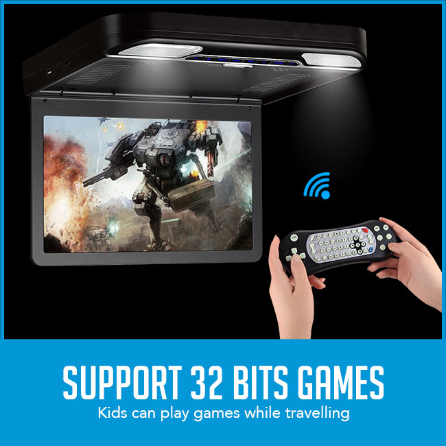 roof mount flip down car dvd player with game being played on it.