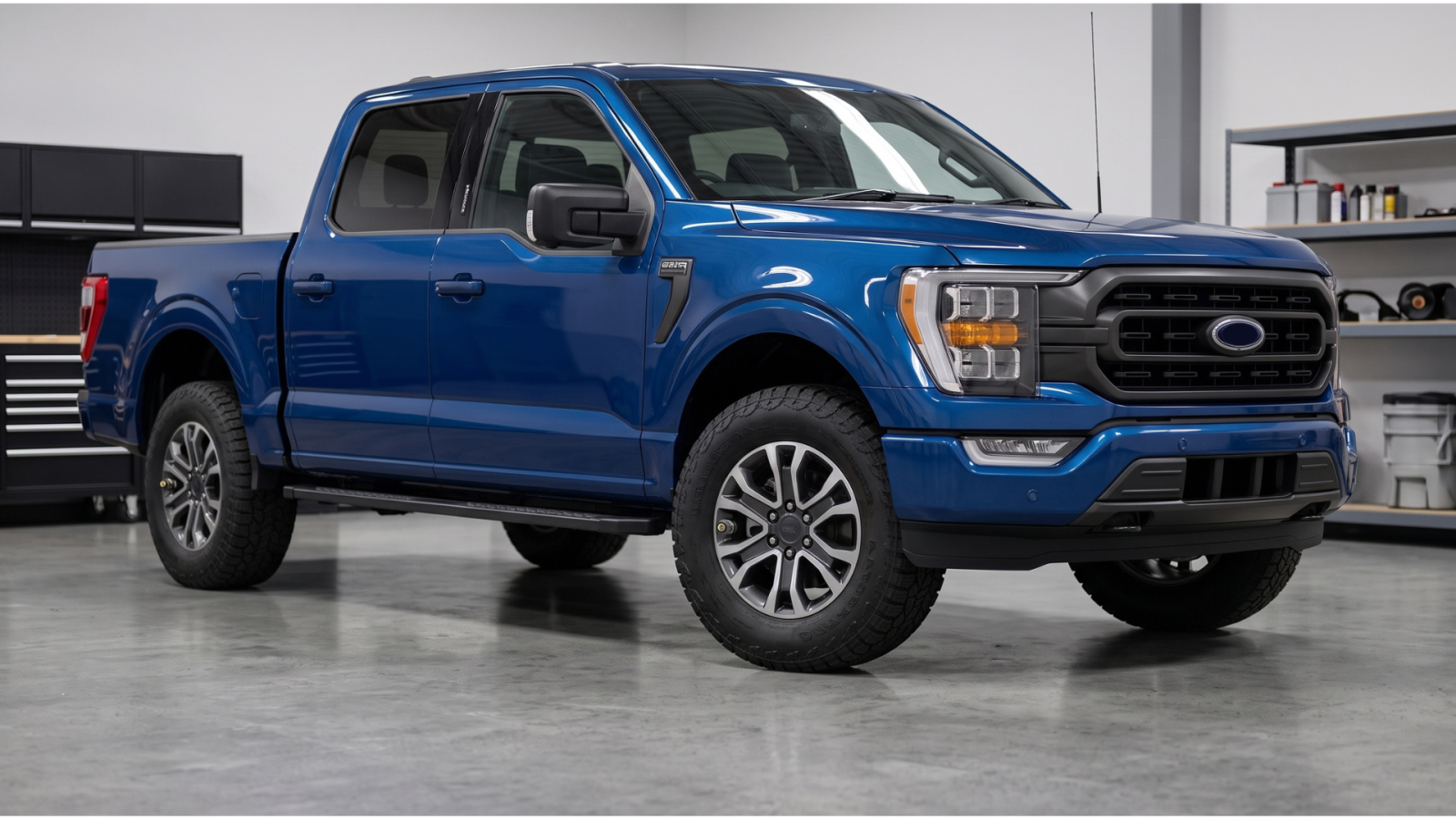 Blue pickup truck equipped with TPMS sensors installed on its tyres for real-time tyre pressure and temperature monitoring.