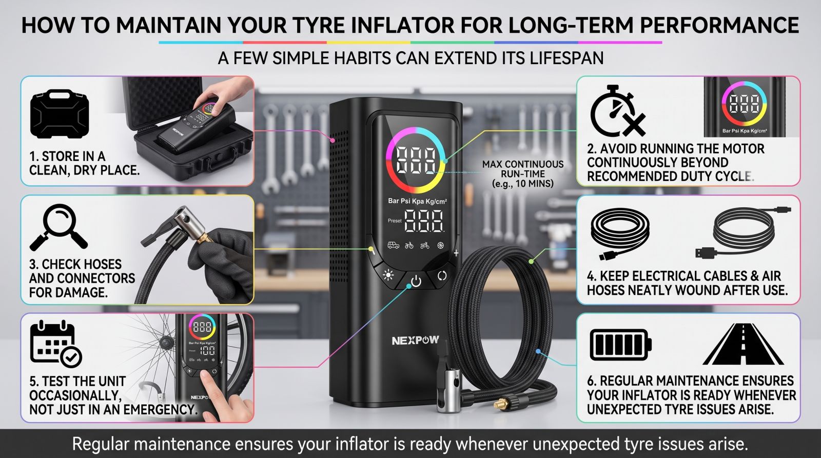 Tyre inflator maintenance infographic showing storage, hose checks, duty cycle and regular testing tips
