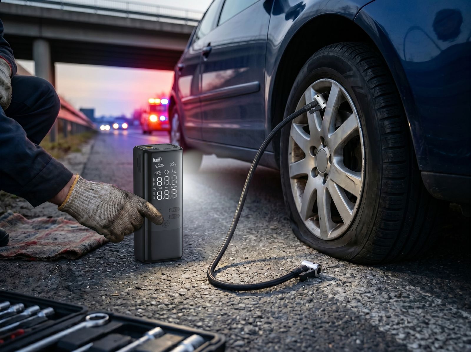 Car tyre inflator connected to a flat tyre during a roadside emergency at dusk