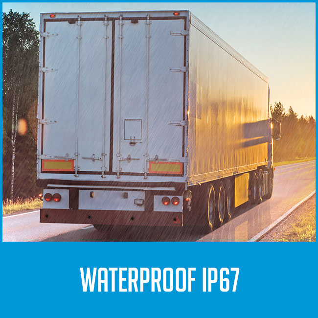 truck in rain with caption "waterproof IP67"