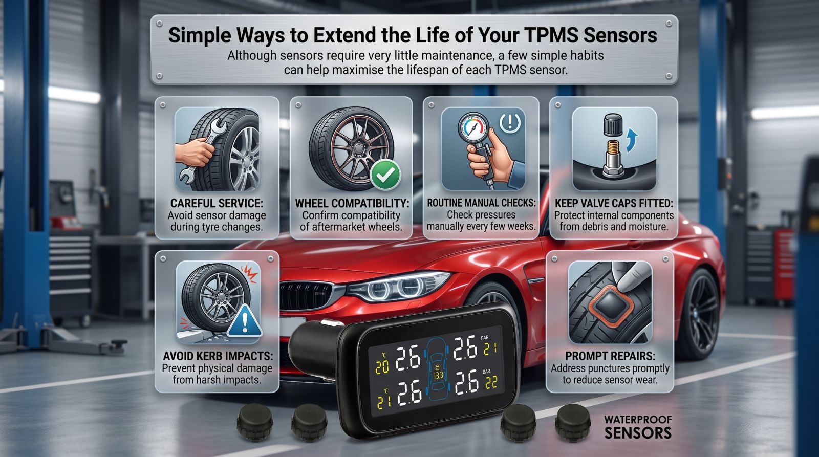 Infographic explaining how careful servicing, manual pressure checks, valve caps and prompt repairs can extend TPMS sensor life.
