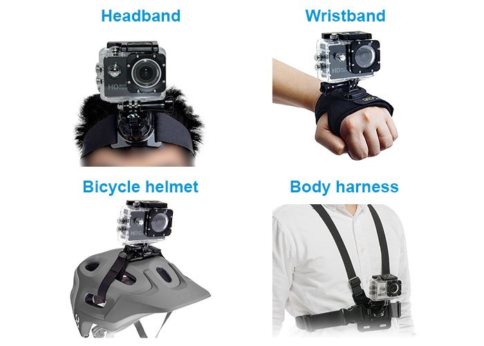action camera mounted on head, wristband, bike helmet, body harness