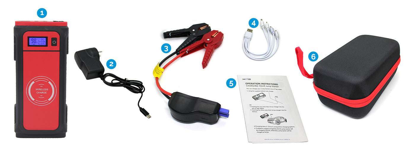 1000A Car Jump Starter & Battery Charger with Smart Clamps, USB Cable