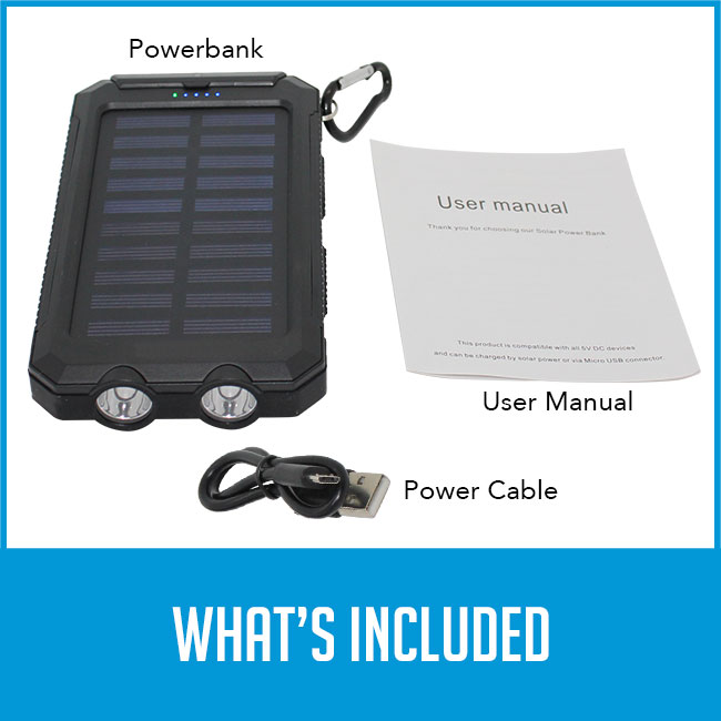 solar power bank, cable and manual with caption, "what's included"