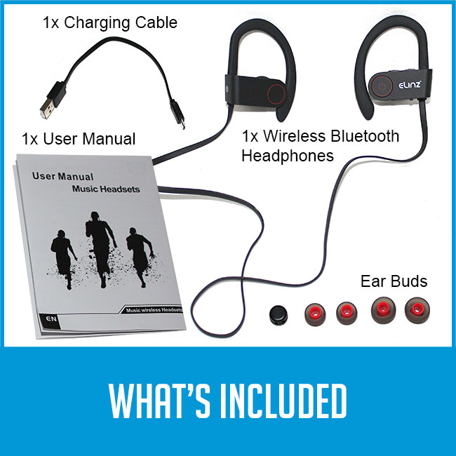 bluetooth earphones, user manual, user buds with caption "what's included"