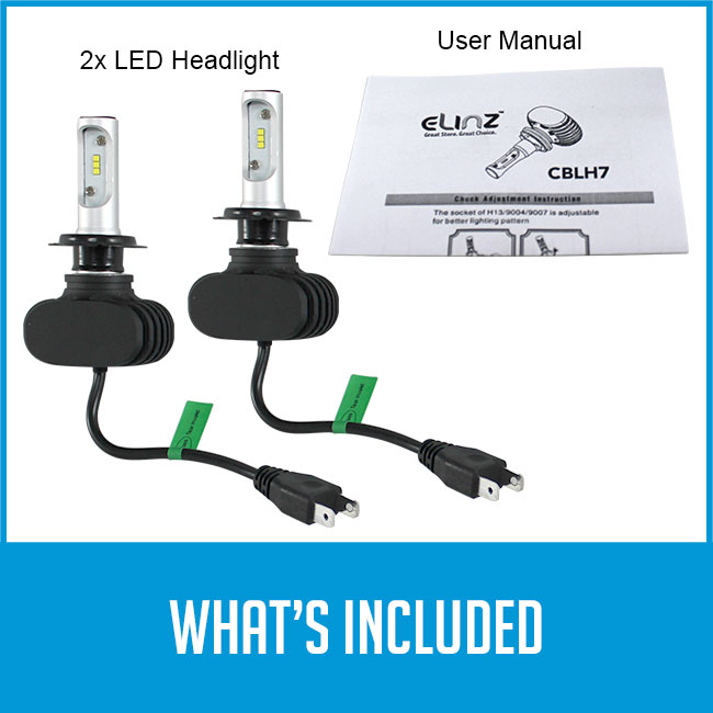 2 headlights and user manual with caption "what's included"