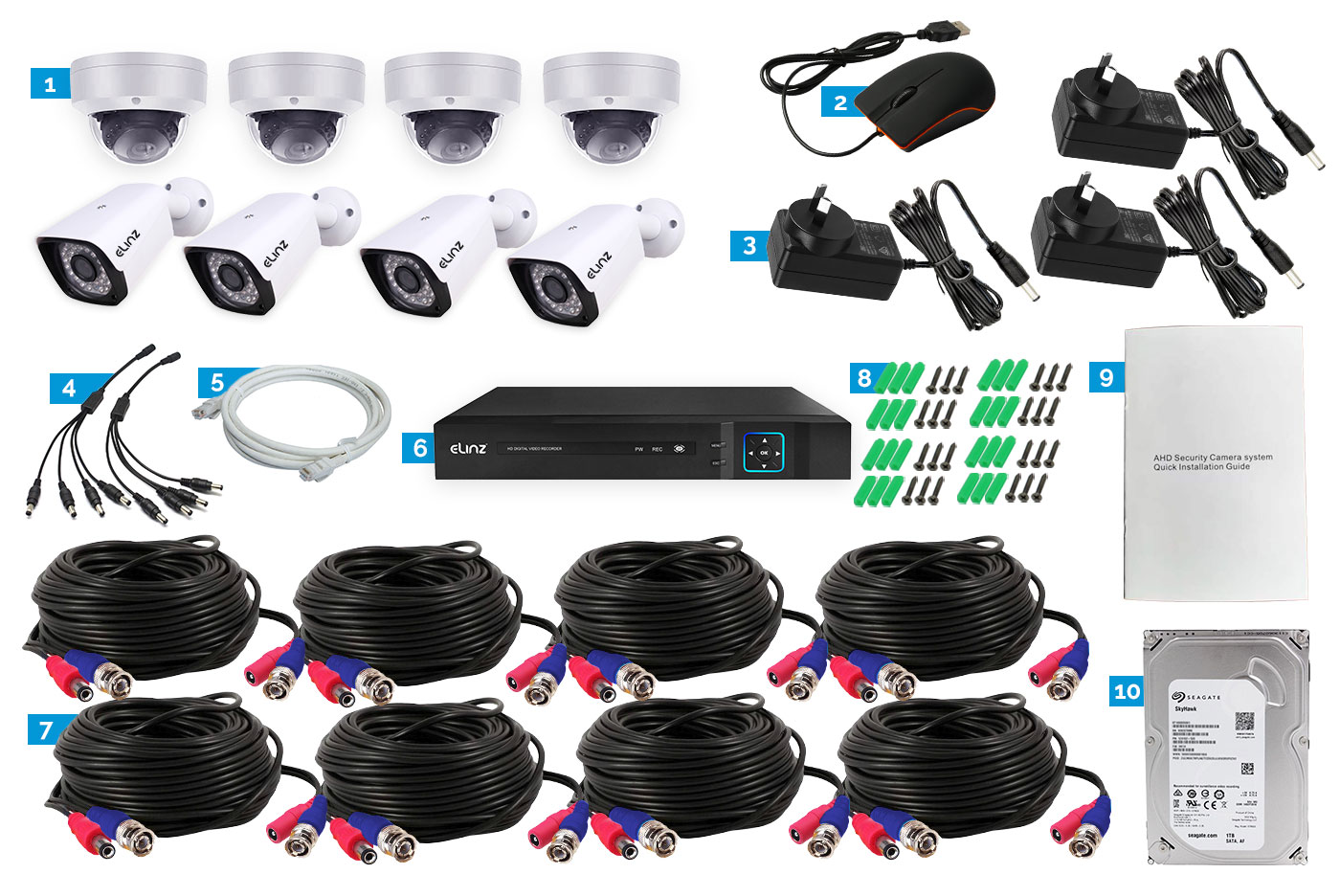 8CH 2MP DVR, 8x 1080P Bullet Camera, Accessories