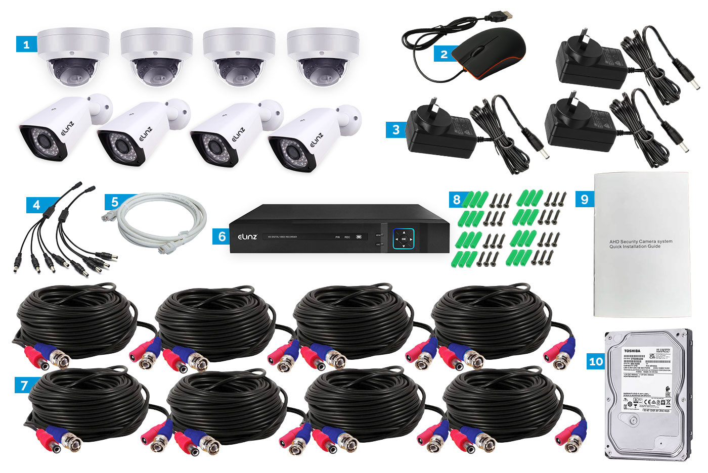 8CH 2MP DVR, 8x 1080P Bullet Camera, Accessories