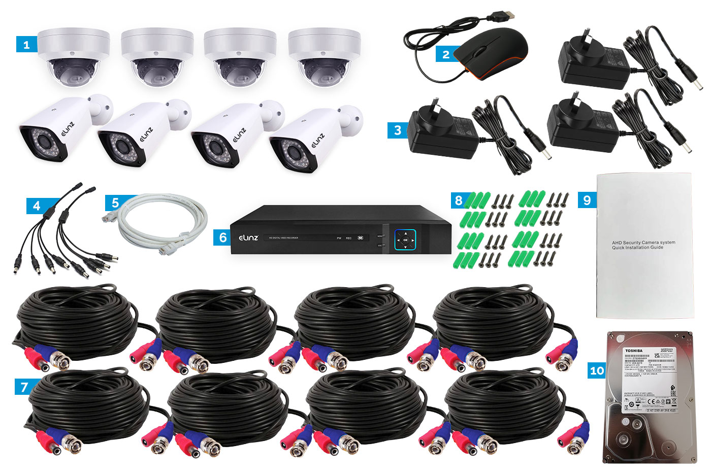 8CH 2MP DVR, 8x 1080P Bullet Camera, Accessories