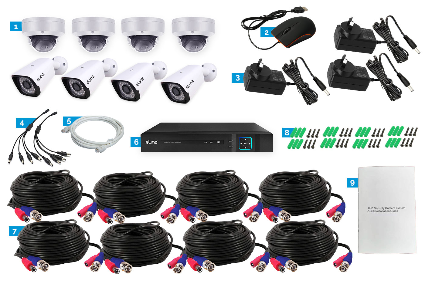 8CH 2MP DVR, 8x 1080P Bullet Camera, Accessories