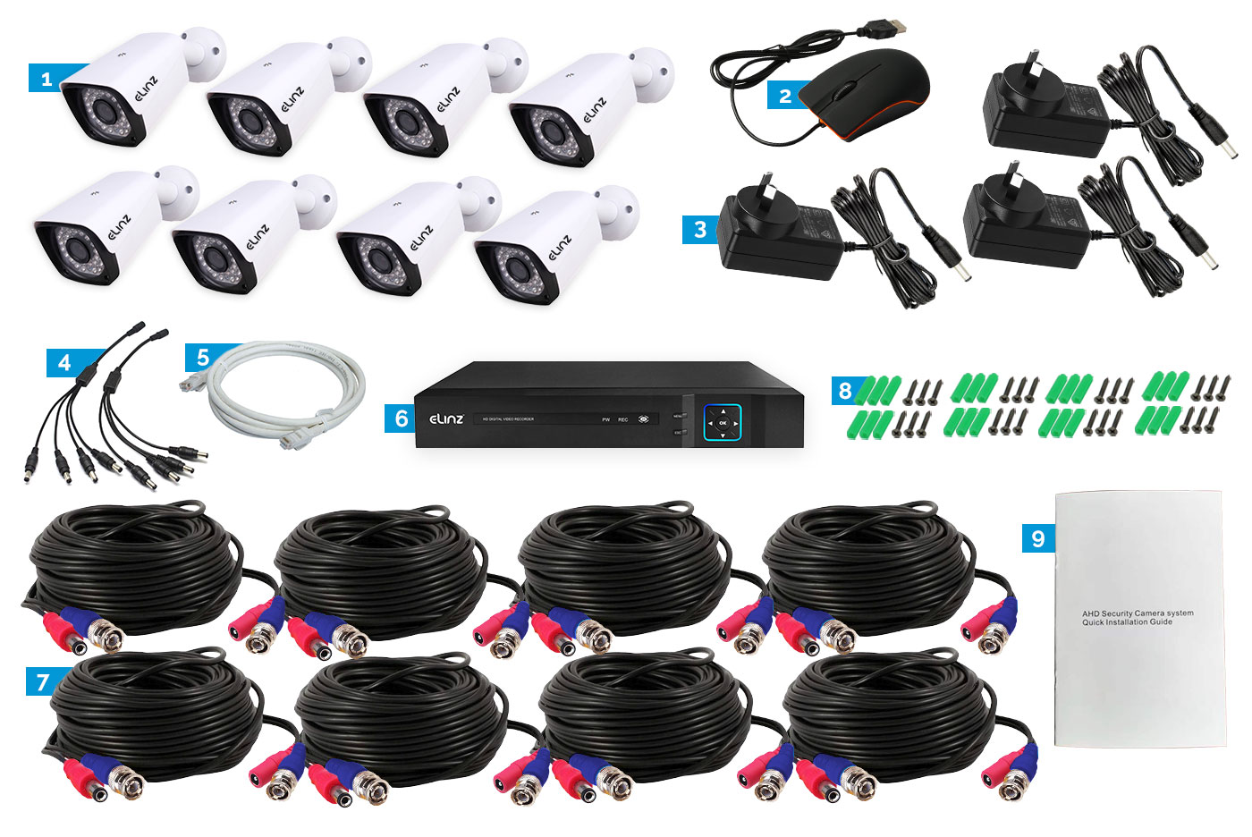 8CH 2MP DVR, 8x 1080P Bullet Camera, Accessories