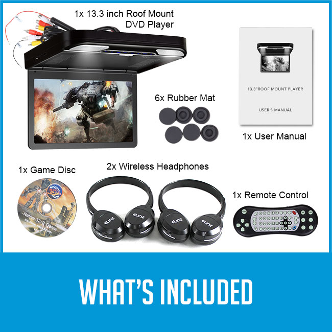 roof mount flip down dvd player with game disc, cables, remote control game pad, 2 wireless headphones