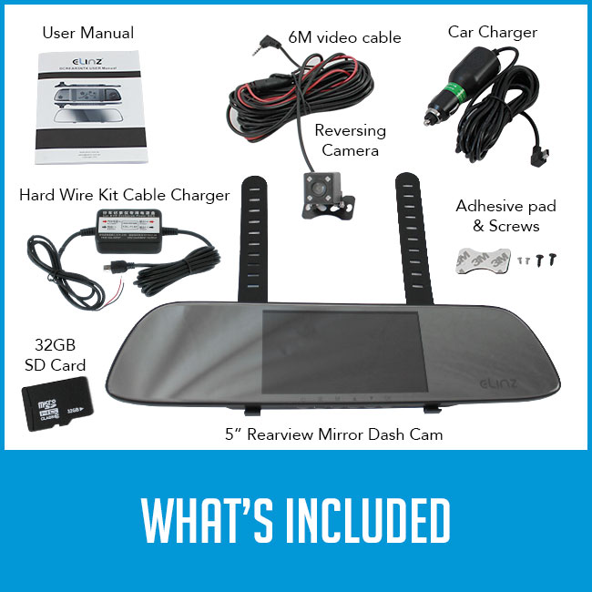 hardwire kit, sd card, reversing camera, rearview mirror monitor, adhesive pads and screws, user manual with caption "what's included"