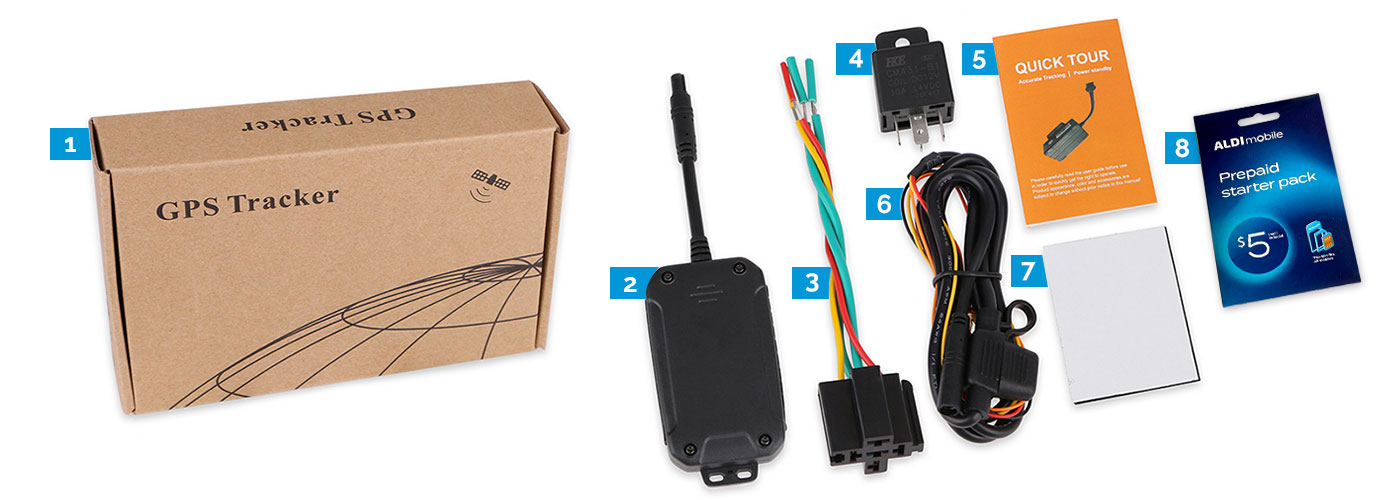 3G GPS Tracker Device, Power Cable, Relay, Stick Paper, Manual, Aldi Sim