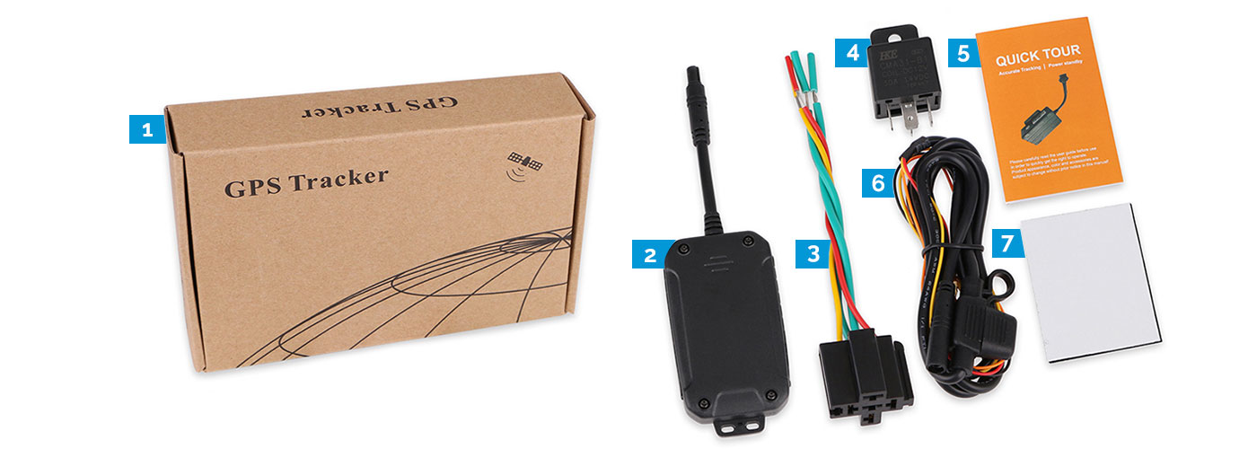 3G GPS Tracker Device, Power Cable, Relay, Stick Paper, Manual