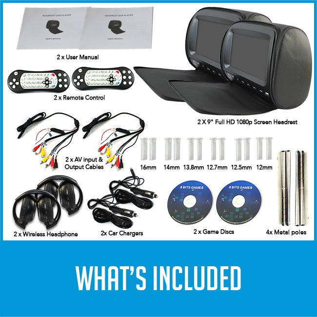 manuals, remote controls, headrest car dvd players, av input/output cables with caption what's included