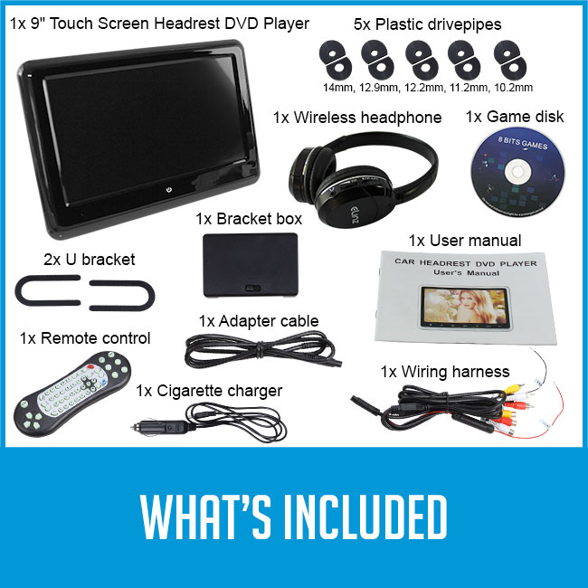 headrest dvd player, adapter cable, u and mounting brackets, game discs, manual, remote control, cigarette charger, wiring harness with caption "what's included"