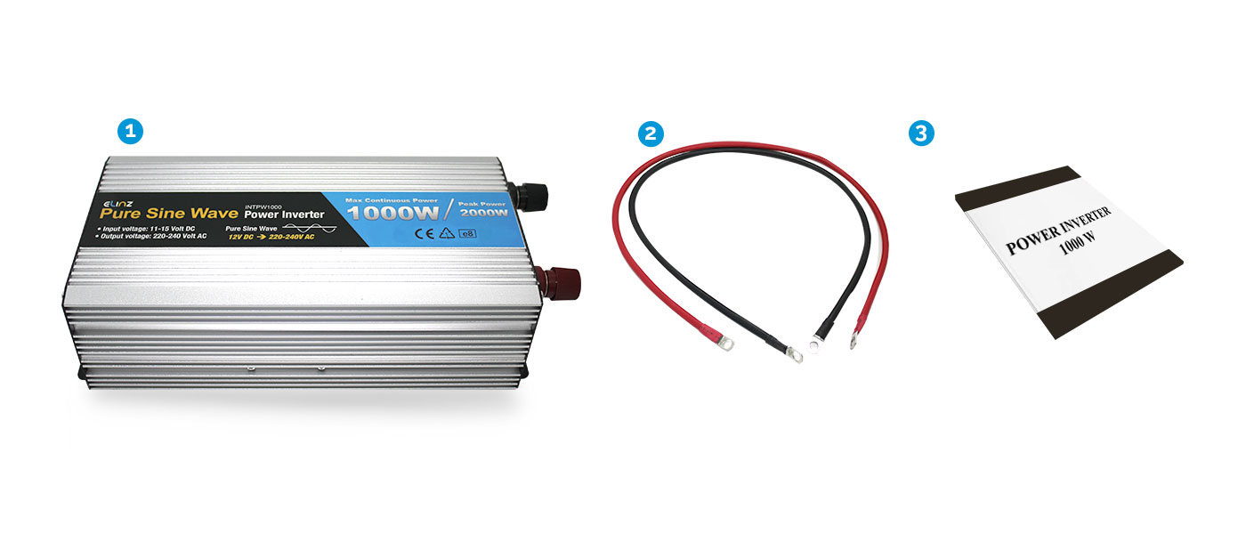 1000W Pure Sine Wave Inverter, remote, cables and manual with caption "what's included"