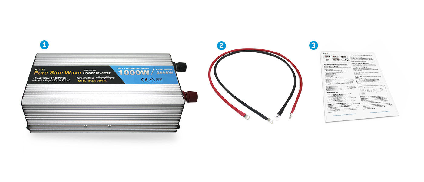 1000W Pure Sine Wave Inverter, remote, cables and manual with caption "what's included"