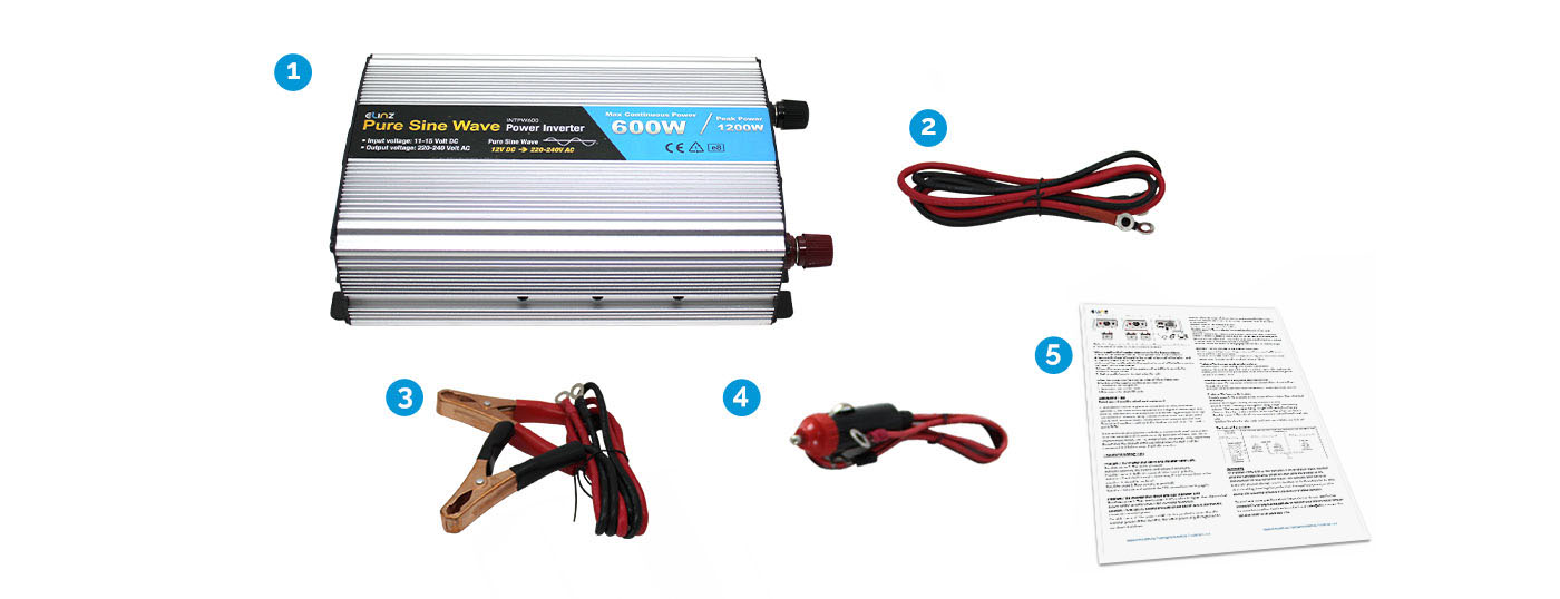 600W Pure Sine Wave Inverter with Power Cables and Clamps