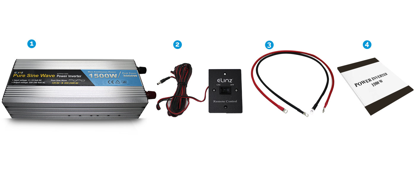1500W Pure Sine Wave Inverter, remote, cables and manual with caption "what's included"