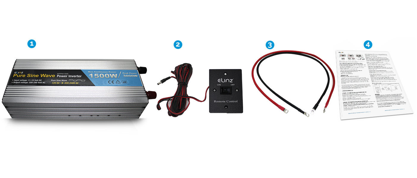 1500W Pure Sine Wave Inverter, remote, cables and manual with caption "what's included"