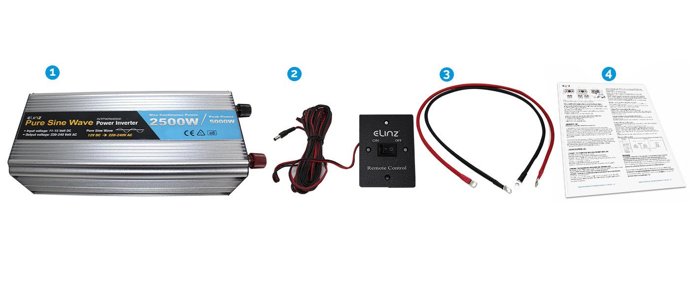 2500W Pure Sine Wave Inverter, remote, cables and manual with caption "what's included"