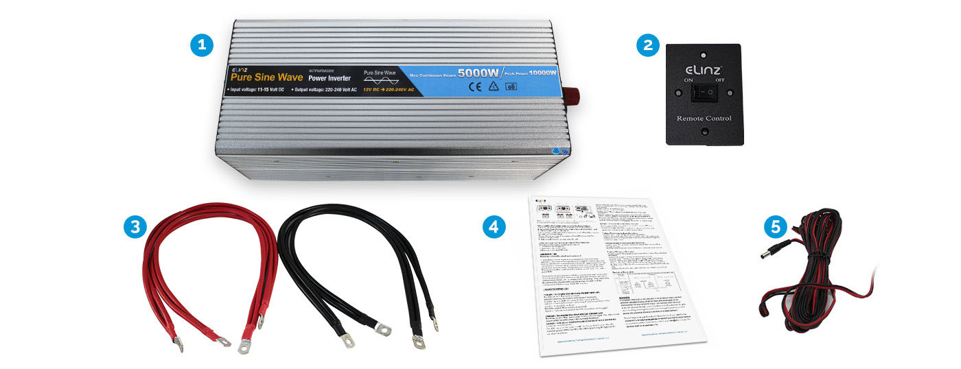 5000W Pure Sine Wave Inverter with Remote, power cables