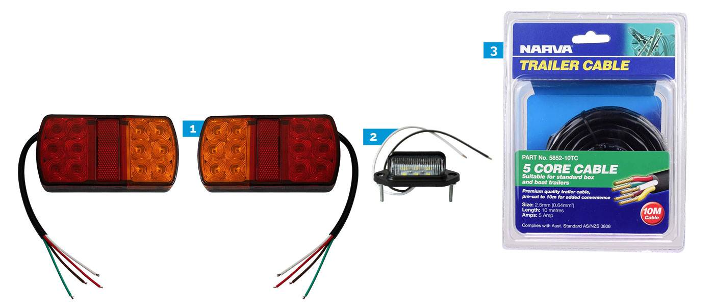 2x LED Tail Lights, Number Plate Light, 10M Narva 5 Core Trailer Cable