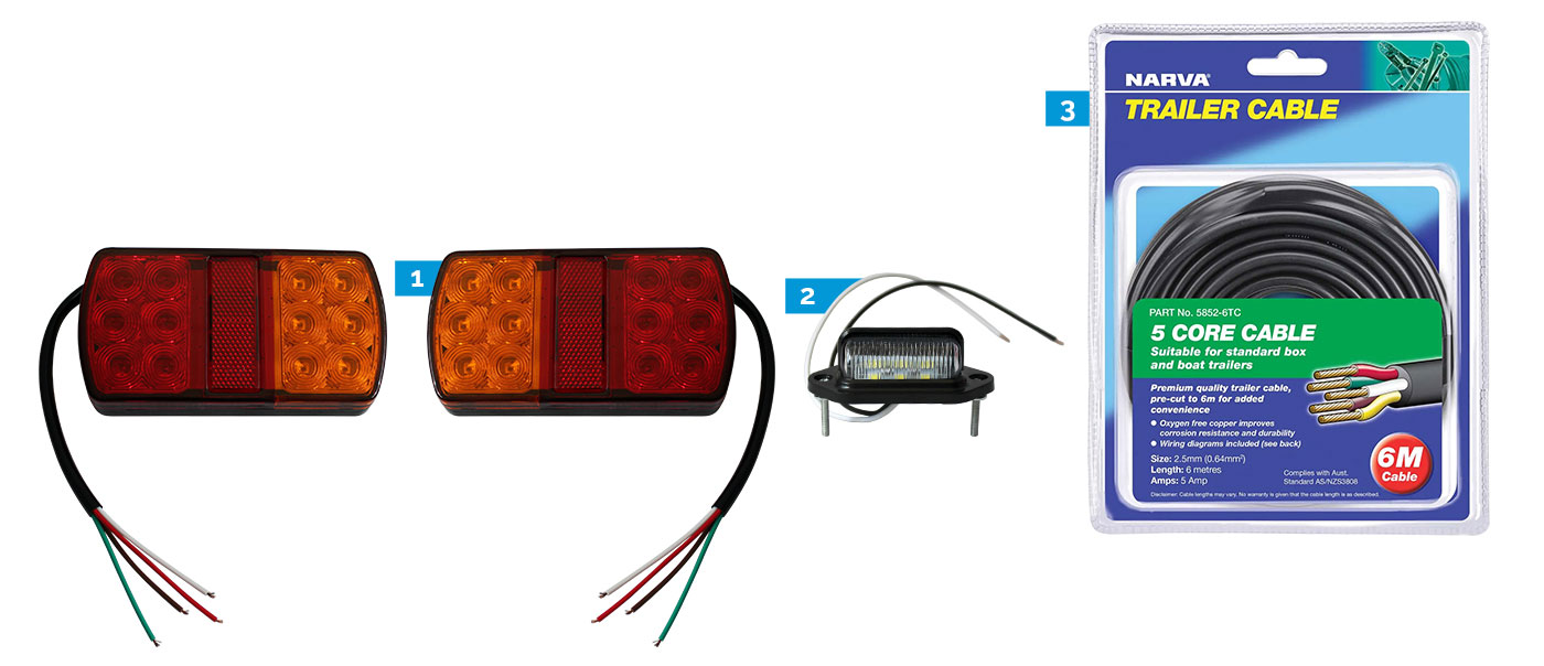 2x LED Tail Lights, Number Plate Light, 6M Narva 5 Core Trailer Cable