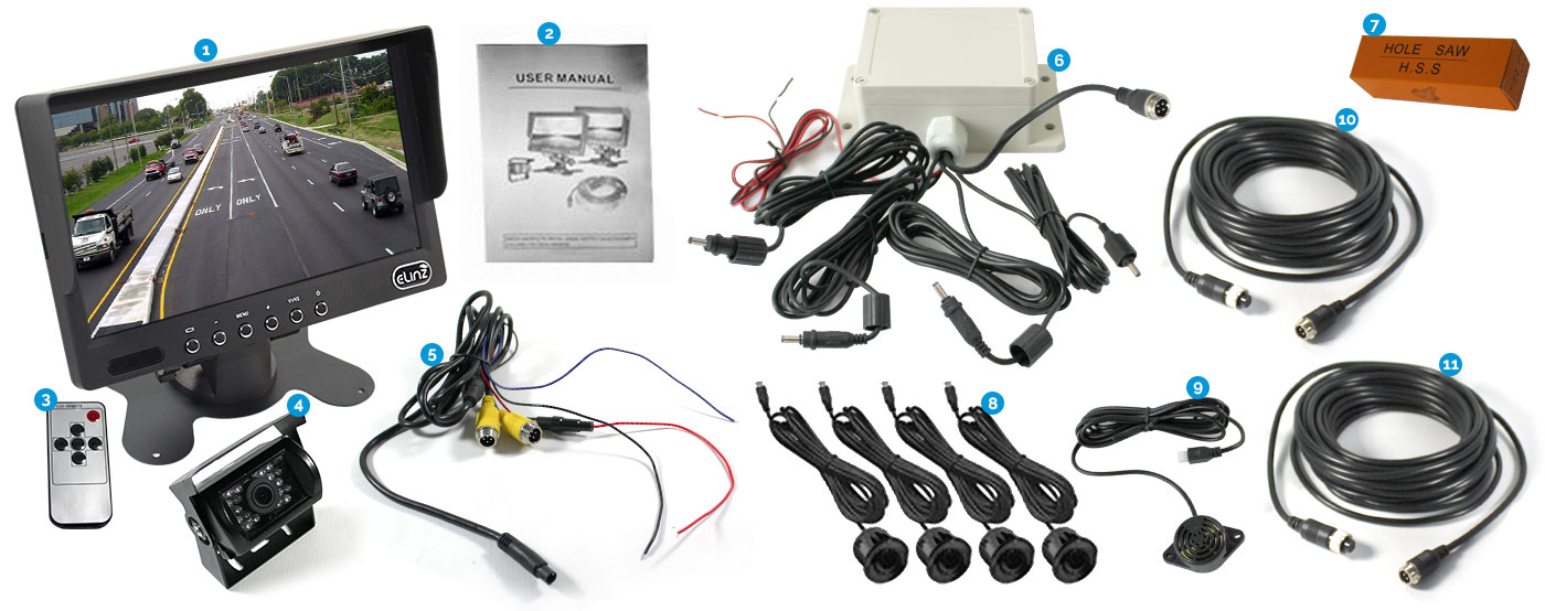 reversing camera, monitor, ultrasonic sensors, 4pin cables, manual 