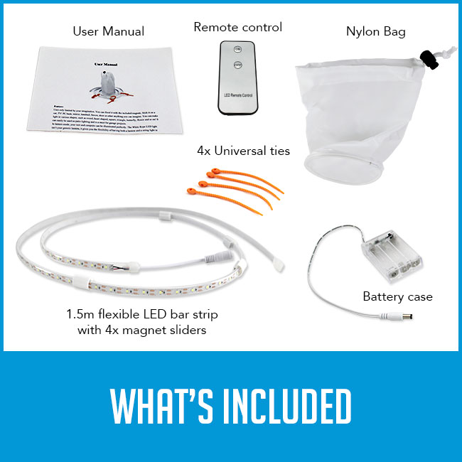 Led light bar strip, battery charger, orange universal ties, silver remote control, white nylon bag and user manual